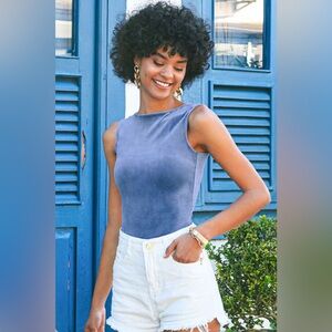 Arely Velour Blue Round Neck Bodysuit